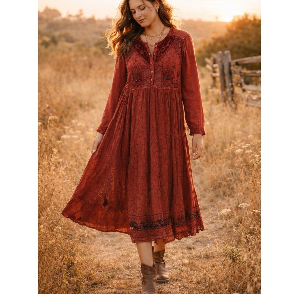 Vintage MPH Boho Patchwork Dress Rust Red Embroidered Midi Size L Festival Folk
